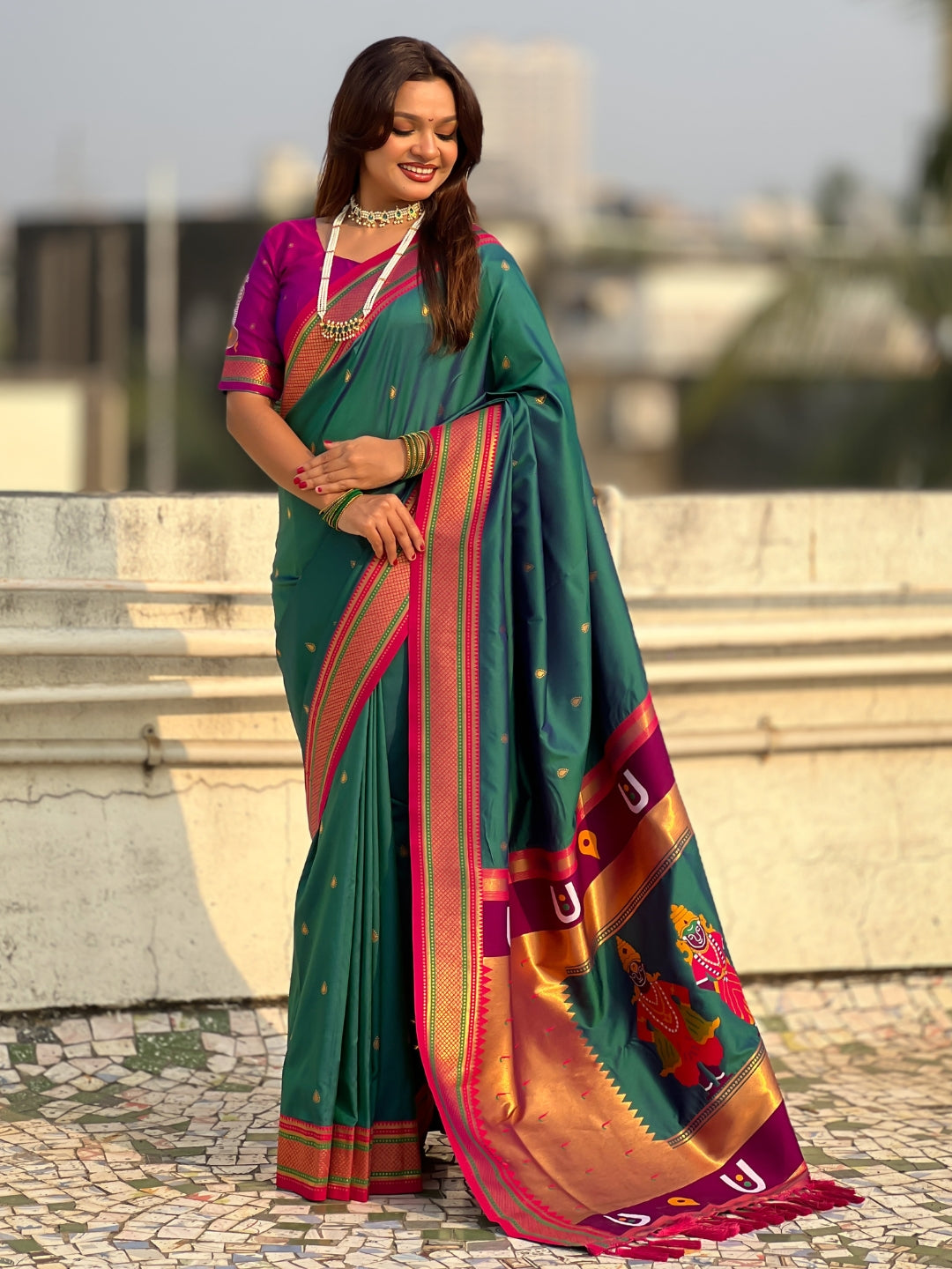 Top Trending Vitthala Contrast Paithani Saree Rakhumai Soft Silk Traditional Design