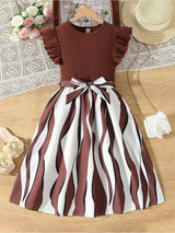 Girls Brown Ribbed Party Dress with Printed Flared Skirt