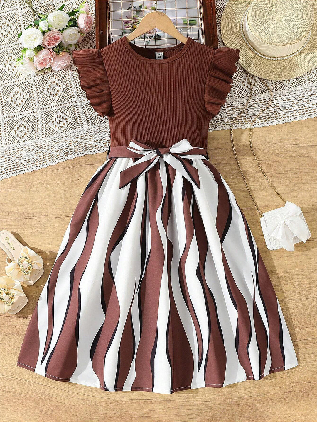 Girls Brown Ribbed Party Dress with Printed Flared Skirt