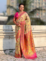Cream Luxury Original Brocade Paithani Tissue Saree with Traditional Motifs  Meenakari Pallu Jaal Zari Woven Saree