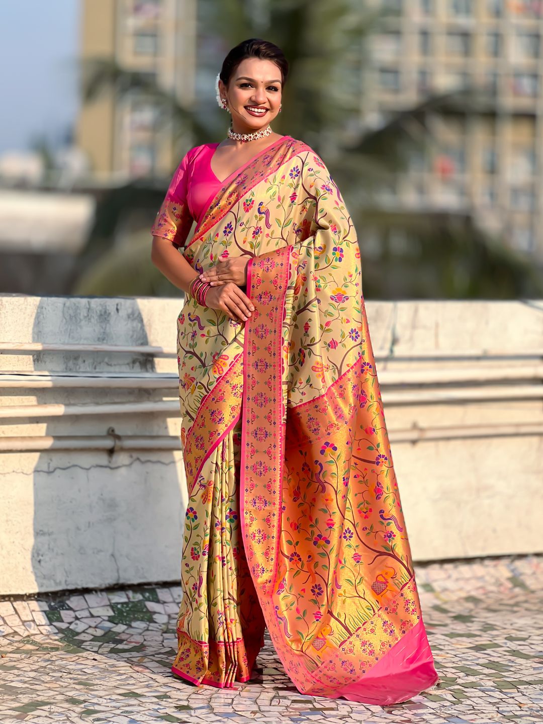 Cream Luxury Original Brocade Paithani Tissue Saree with Traditional Motifs  Meenakari Pallu Jaal Zari Woven Saree