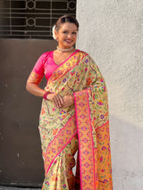 Cream Luxury Original Brocade Paithani Tissue Saree with Traditional Motifs  Meenakari Pallu Jaal Zari Woven Saree