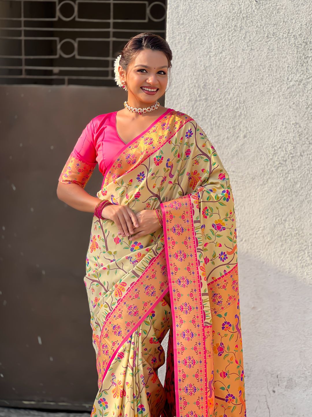 Cream Luxury Original Brocade Paithani Tissue Saree with Traditional Motifs  Meenakari Pallu Jaal Zari Woven Saree