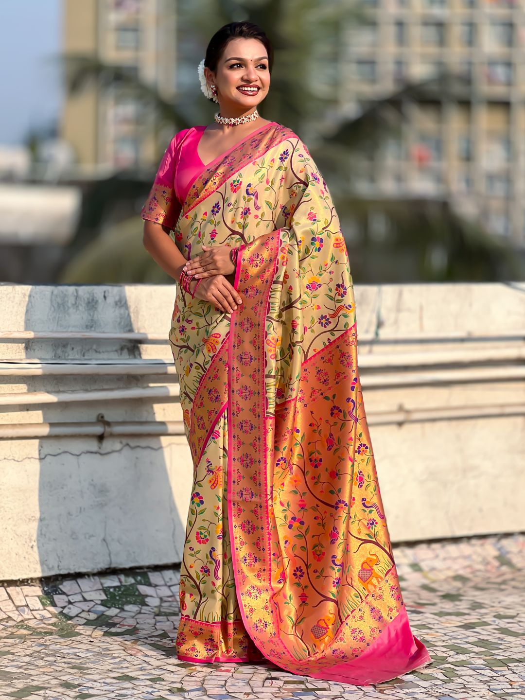 Cream Luxury Original Brocade Paithani Tissue Saree with Traditional Motifs  Meenakari Pallu Jaal Zari Woven Saree