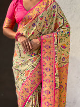 Cream Luxury Original Brocade Paithani Tissue Saree with Traditional Motifs  Meenakari Pallu Jaal Zari Woven Saree