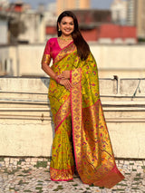 Mehendi Luxury Original Brocade Paithani Tissue Saree with Traditional Motifs & Meenakari Pallu Jaal Zari Woven Saree
