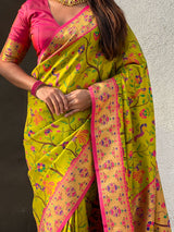 Mehendi Luxury Original Brocade Paithani Tissue Saree with Traditional Motifs & Meenakari Pallu Jaal Zari Woven Saree
