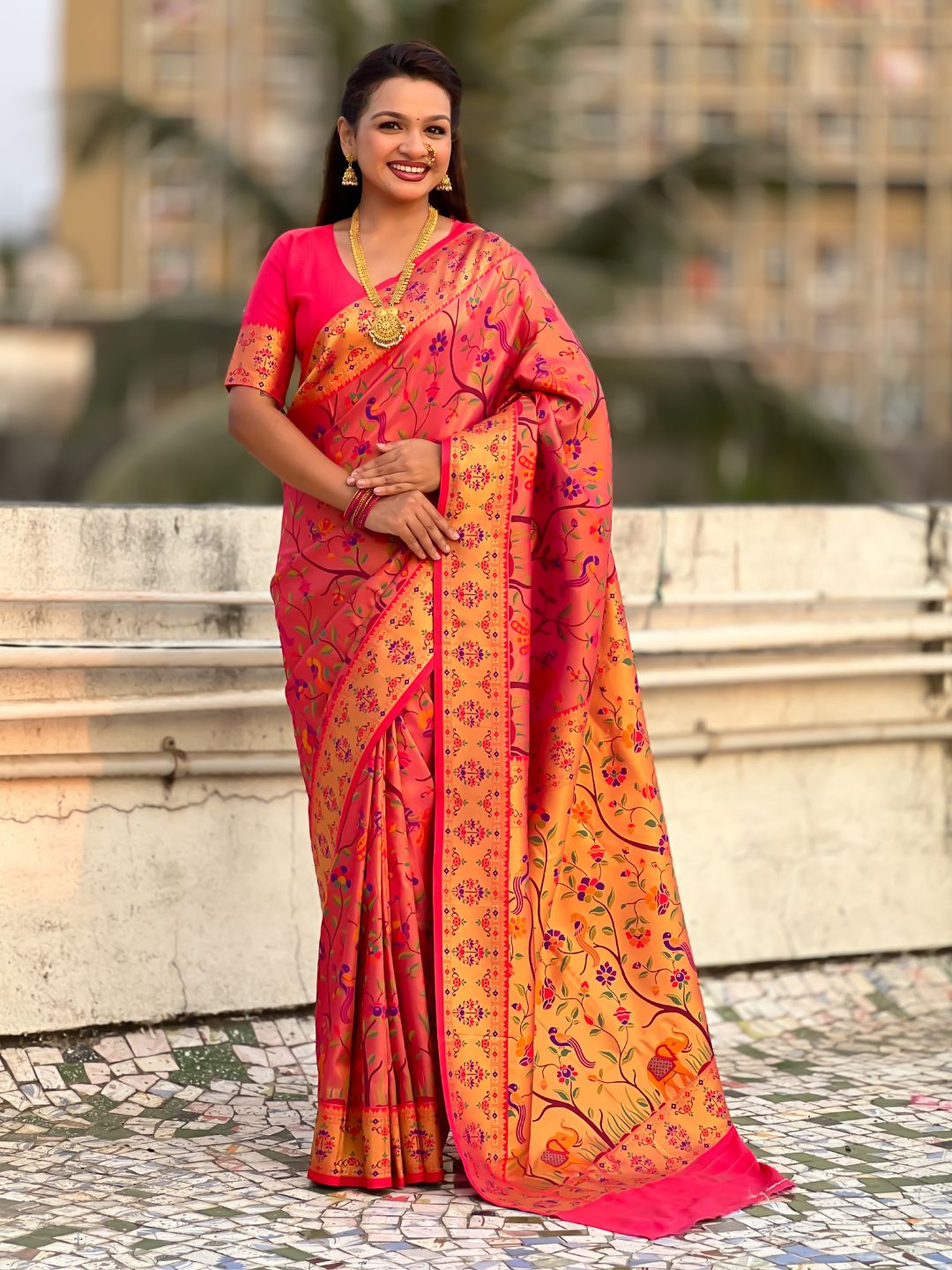 Pink Luxury Original Brocade Paithani Tissue Saree with Traditional Motifs  Meenakari Pallu Jaal Zari Woven Saree