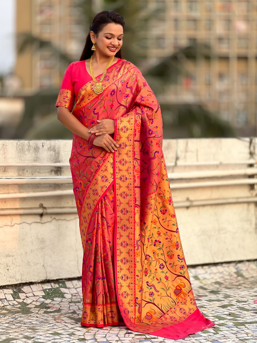 Pink Luxury Original Brocade Paithani Tissue Saree with Traditional Motifs  Meenakari Pallu Jaal Zari Woven Saree