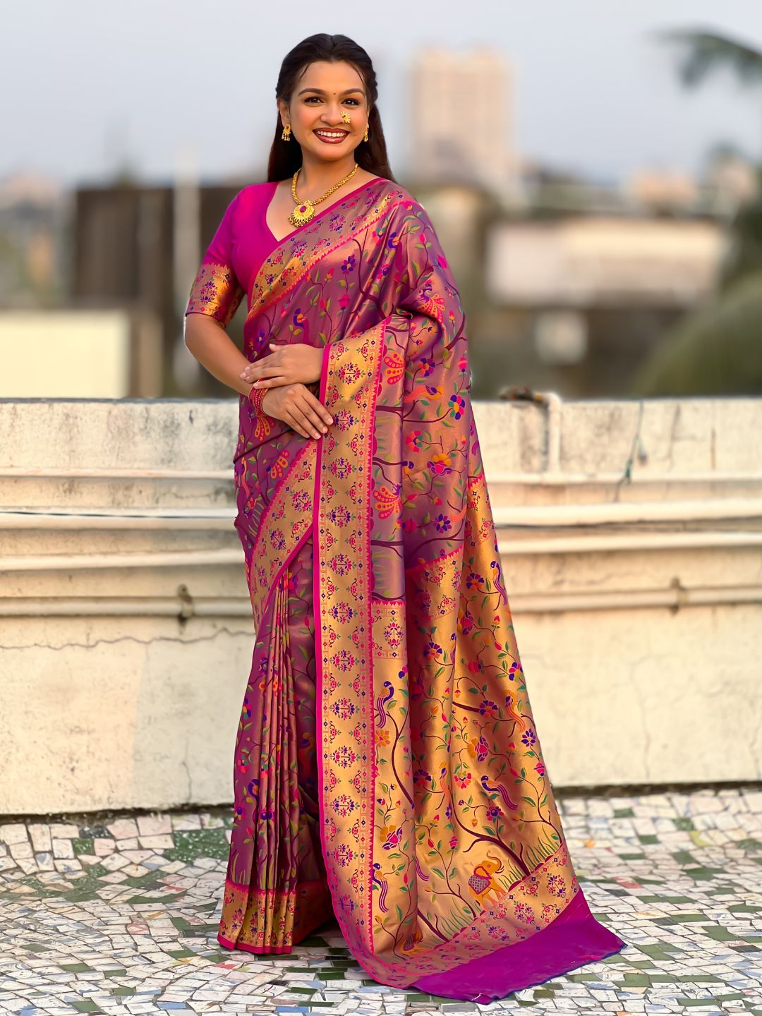 Violet Luxury Original Brocade Paithani Tissue Saree with Traditional Motifs & Meenakari Pallu Jaal Zari Woven Saree