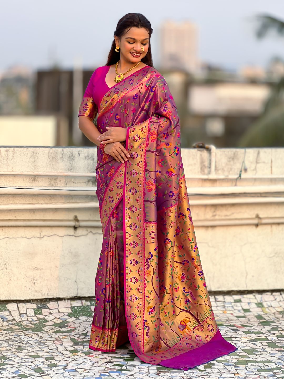 Violet Luxury Original Brocade Paithani Tissue Saree with Traditional Motifs & Meenakari Pallu Jaal Zari Woven Saree