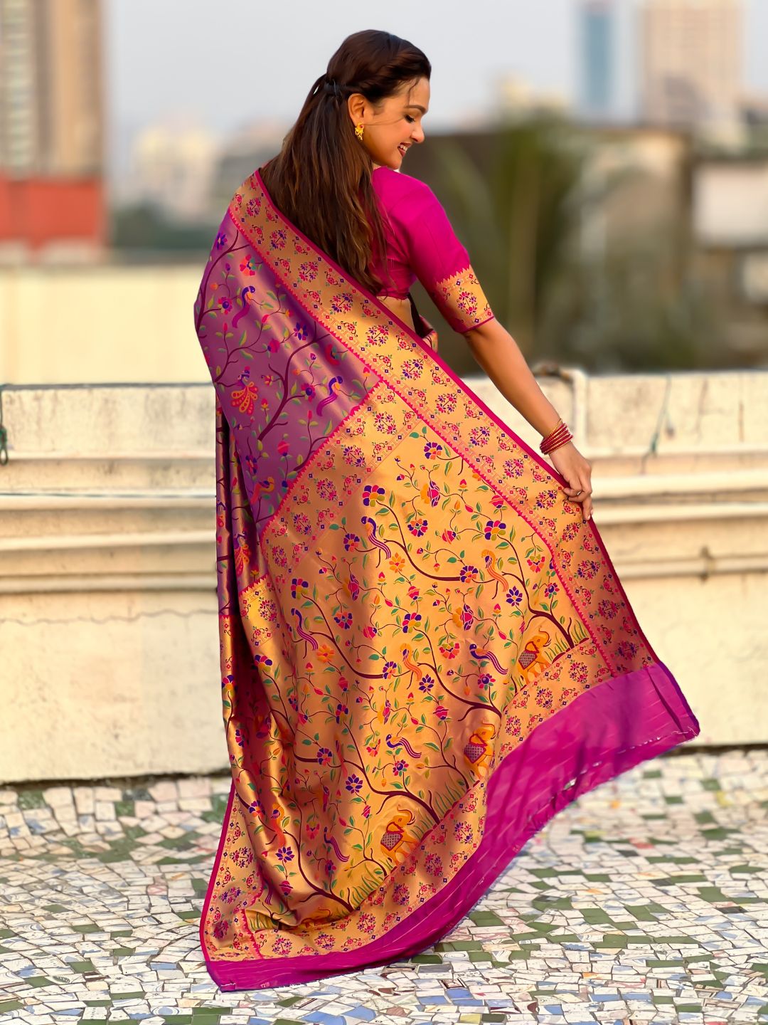 Violet Luxury Original Brocade Paithani Tissue Saree with Traditional Motifs & Meenakari Pallu Jaal Zari Woven Saree