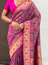 Violet Luxury Original Brocade Paithani Tissue Saree with Traditional Motifs & Meenakari Pallu Jaal Zari Woven Saree