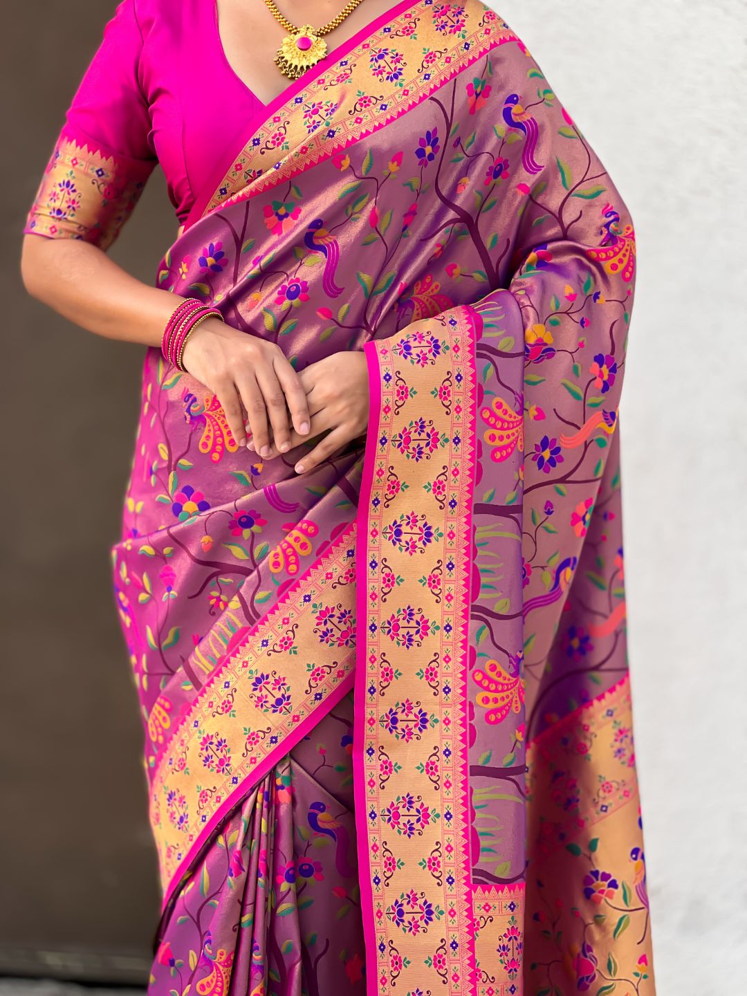 Violet Luxury Original Brocade Paithani Tissue Saree with Traditional Motifs & Meenakari Pallu Jaal Zari Woven Saree
