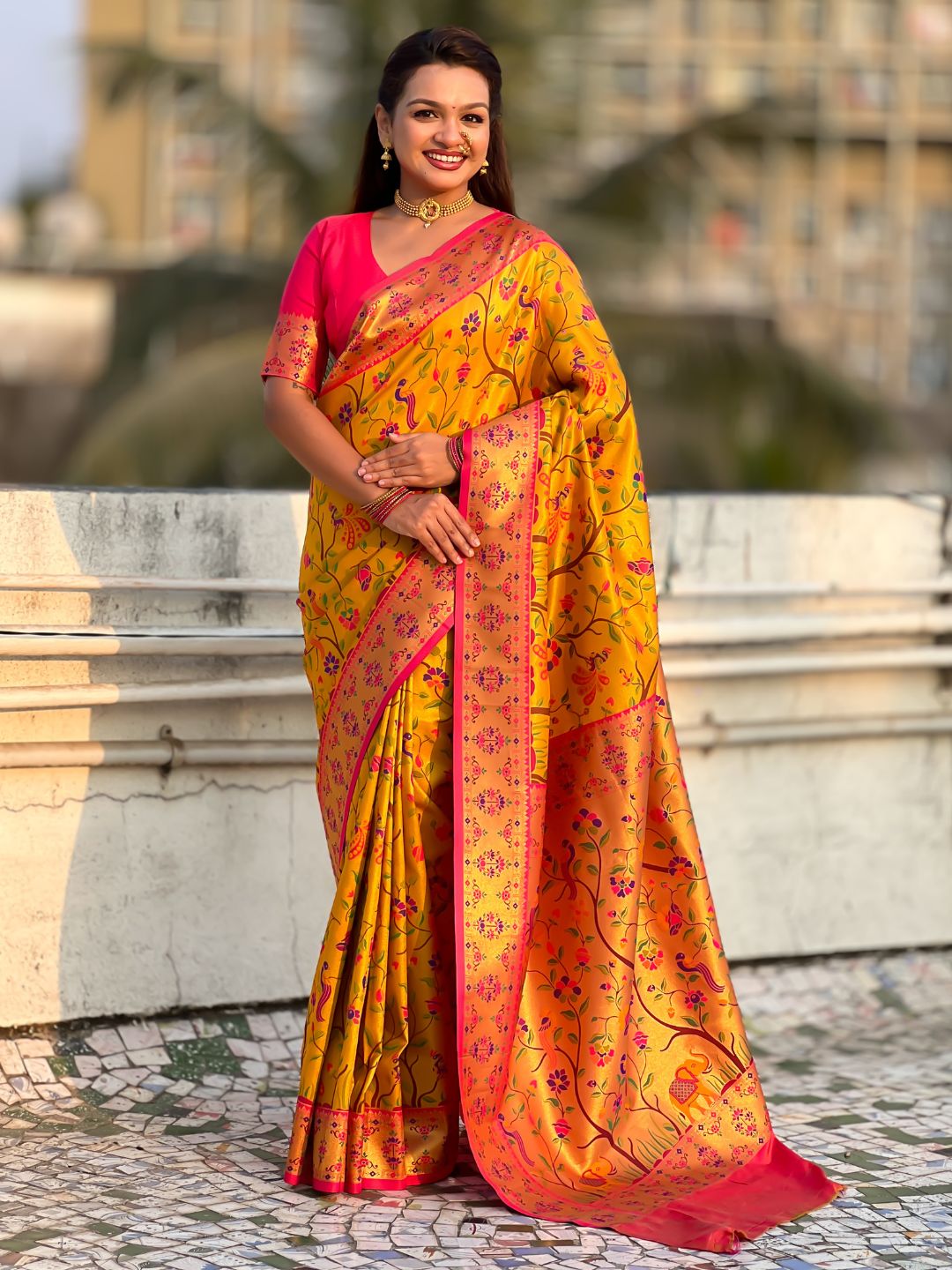 Yellow Gold Luxury Original Brocade Paithani Tissue Saree with Traditional Motifs  Meenakari Pallu Jaal Zari Woven Saree