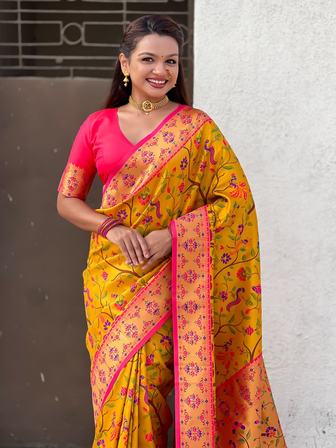 Yellow Gold Luxury Original Brocade Paithani Tissue Saree with Traditional Motifs  Meenakari Pallu Jaal Zari Woven Saree