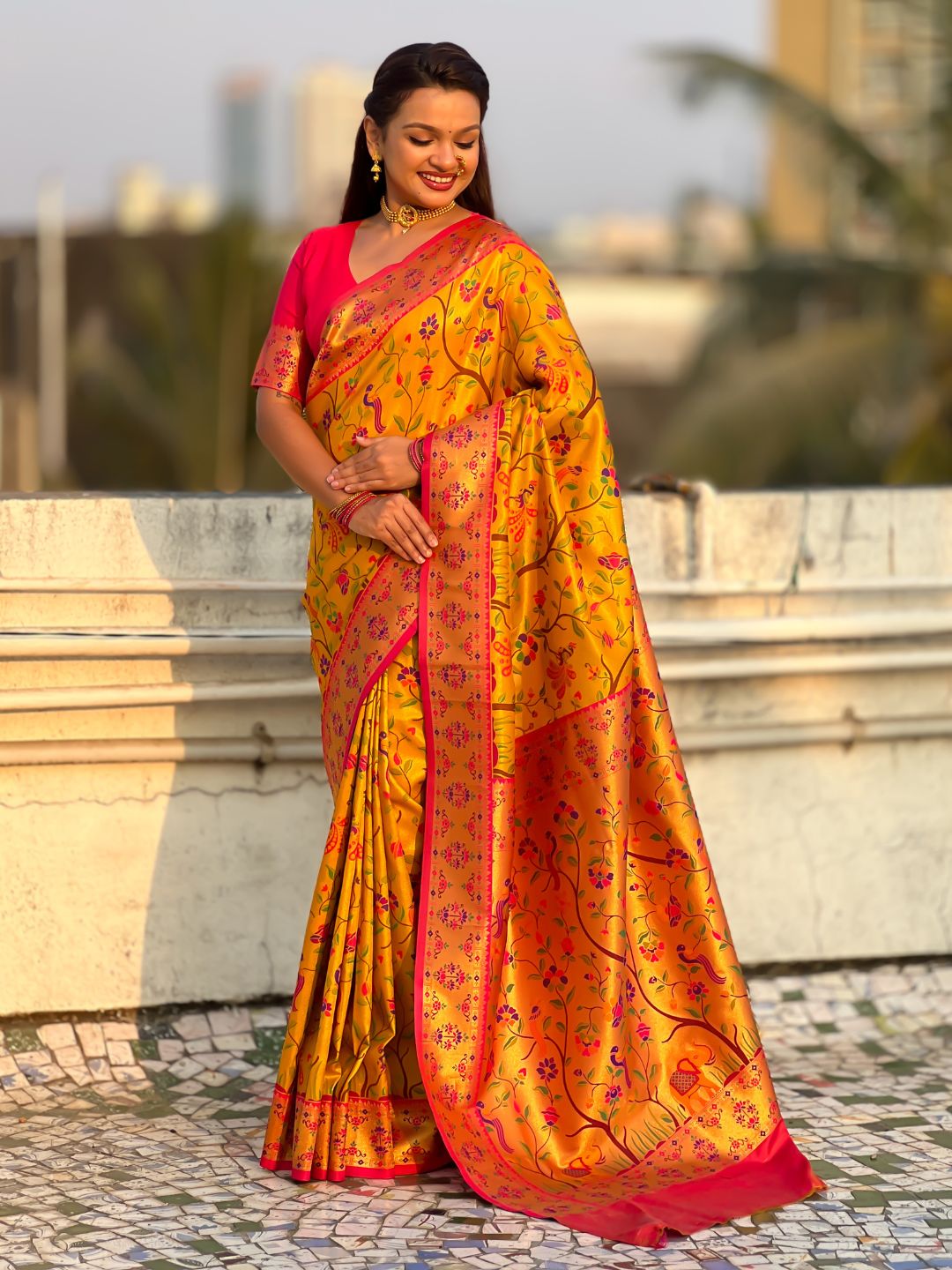 Yellow Gold Luxury Original Brocade Paithani Tissue Saree with Traditional Motifs  Meenakari Pallu Jaal Zari Woven Saree