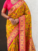 Yellow Gold Luxury Original Brocade Paithani Tissue Saree with Traditional Motifs  Meenakari Pallu Jaal Zari Woven Saree