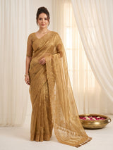 Gold Pure Organza Silk Saree Designer Party Wear Saree With Sequins Work Cutwork Border Wedding Festive Saree