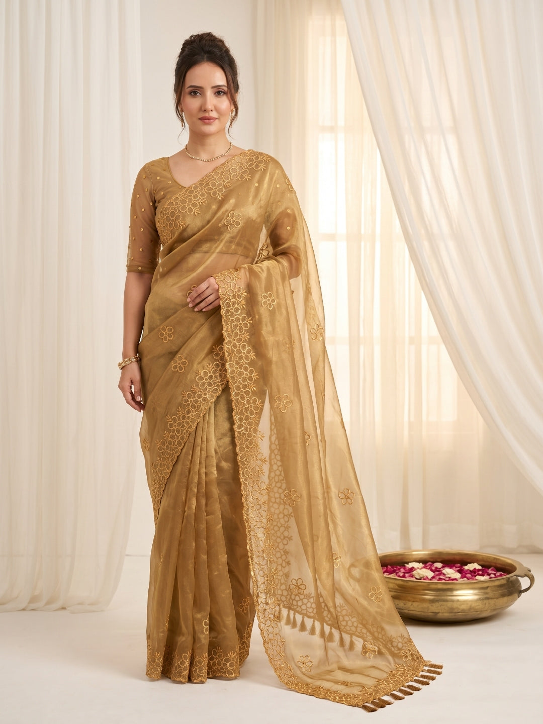 Gold Pure Organza Silk Saree Designer Party Wear Saree With Sequins Work Cutwork Border Wedding Festive Saree
