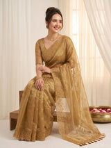 Gold Pure Organza Silk Saree Designer Party Wear Saree With Sequins Work Cutwork Border Wedding Festive Saree