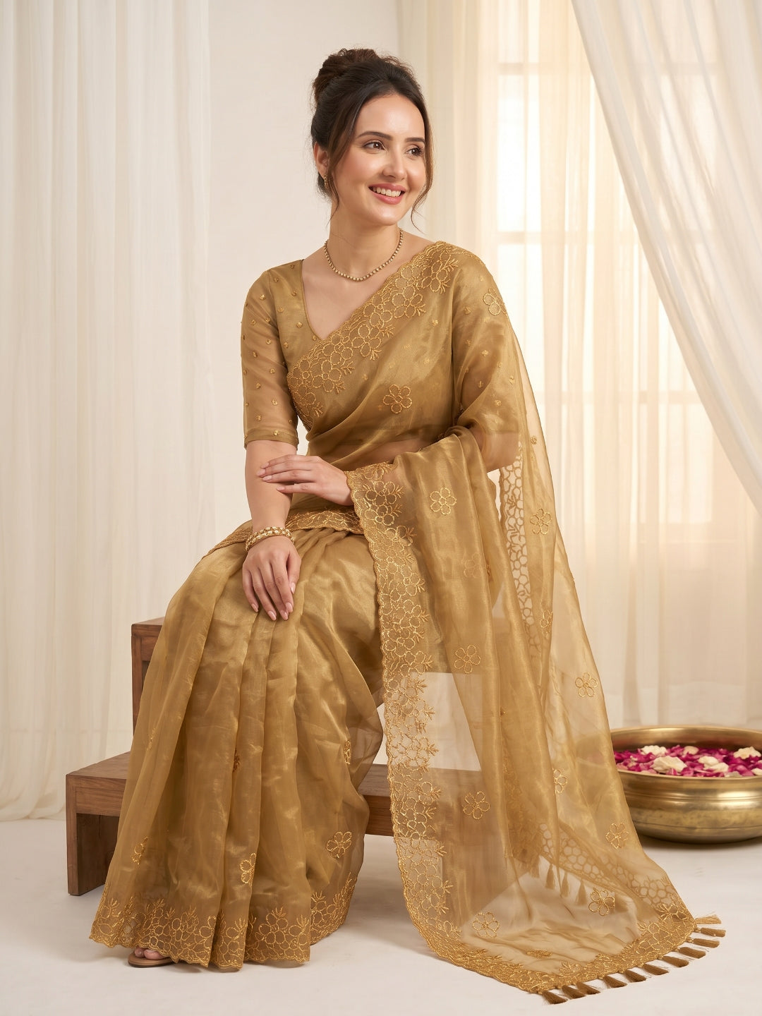 Gold Pure Organza Silk Saree Designer Party Wear Saree With Sequins Work Cutwork Border Wedding Festive Saree