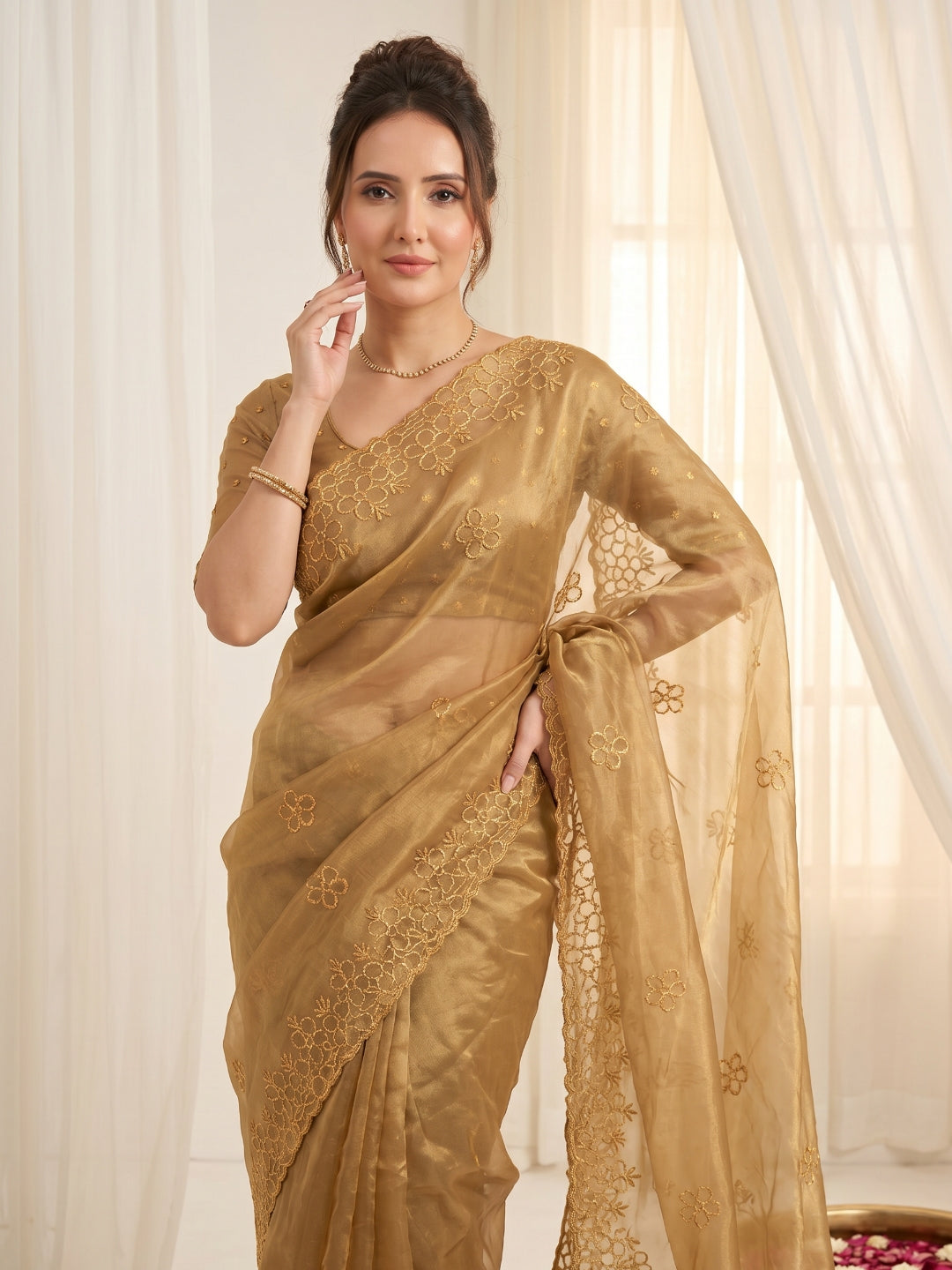 Gold Pure Organza Silk Saree Designer Party Wear Saree With Sequins Work Cutwork Border Wedding Festive Saree