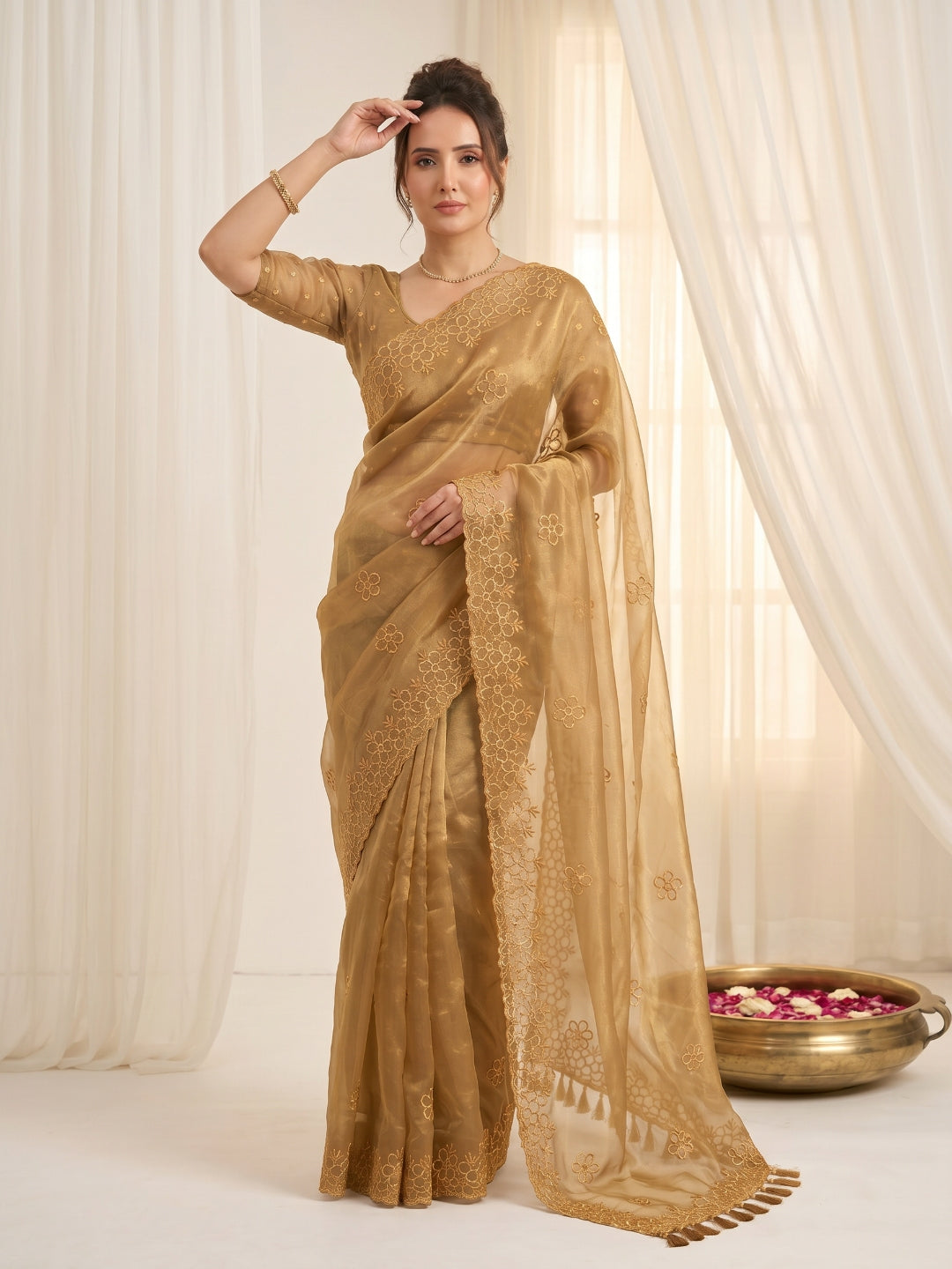 Gold Pure Organza Silk Saree Designer Party Wear Saree With Sequins Work Cutwork Border Wedding Festive Saree