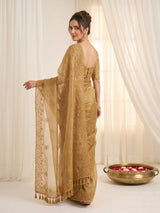 Gold Pure Organza Silk Saree Designer Party Wear Saree With Sequins Work Cutwork Border Wedding Festive Saree