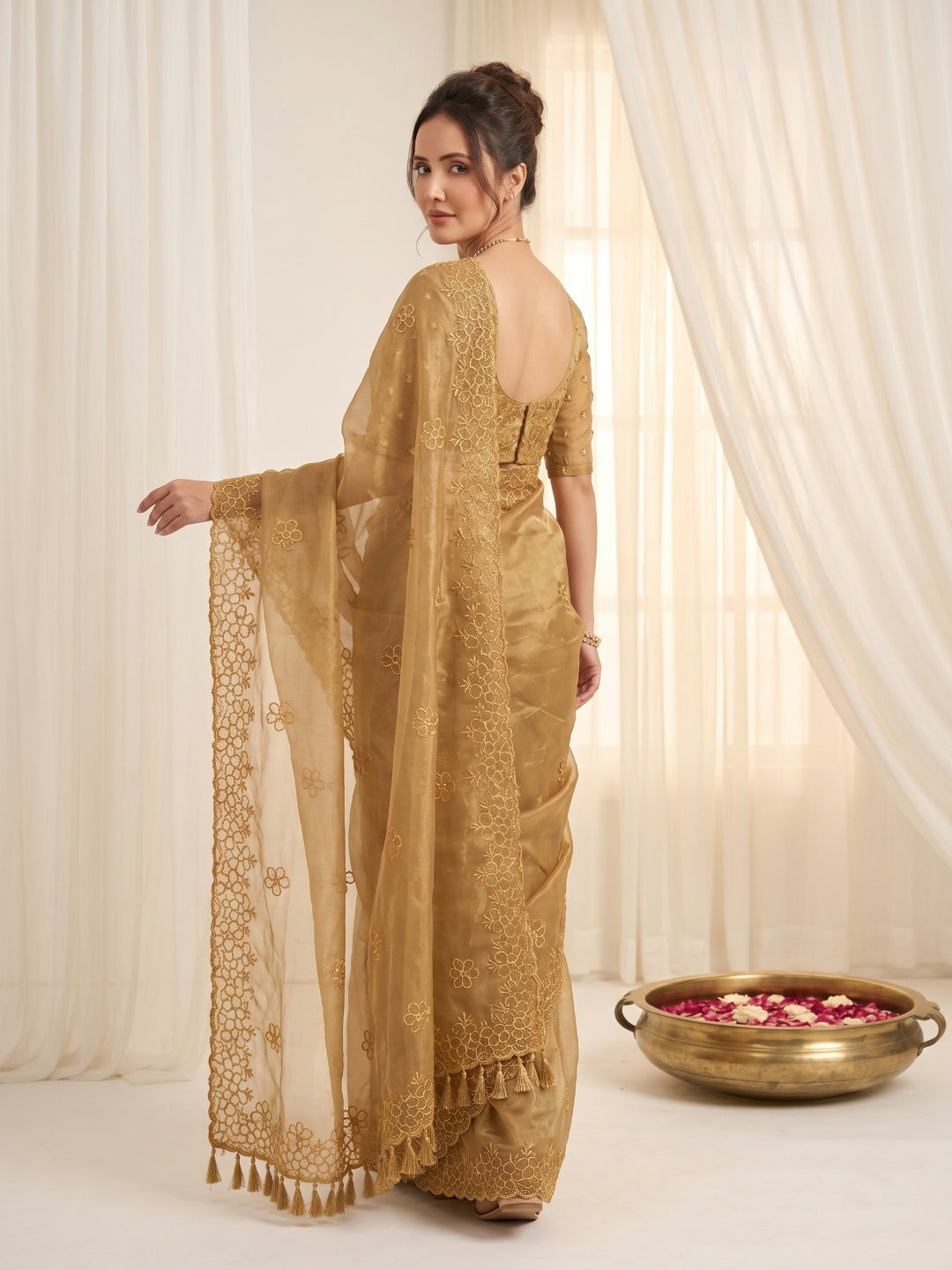 Gold Pure Organza Silk Saree Designer Party Wear Saree With Sequins Work Cutwork Border Wedding Festive Saree