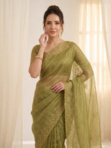 Mehendi Pure Organza Silk Saree Designer Party Wear Saree With Sequins Work Cutwork Border Wedding Festive Saree