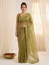 Mehendi Pure Organza Silk Saree Designer Party Wear Saree With Sequins Work Cutwork Border Wedding Festive Saree