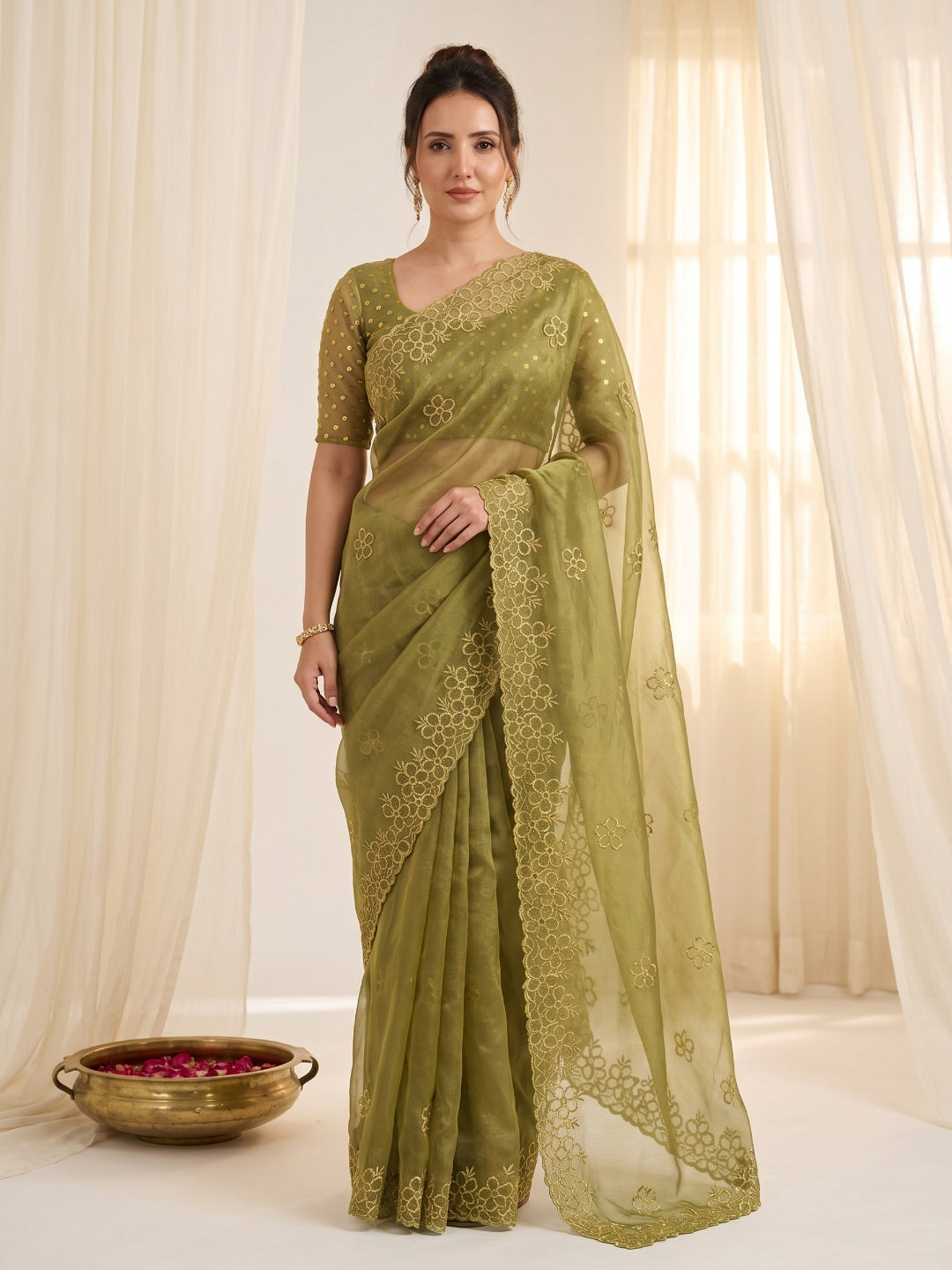 Mehendi Pure Organza Silk Saree Designer Party Wear Saree With Sequins Work Cutwork Border Wedding Festive Saree