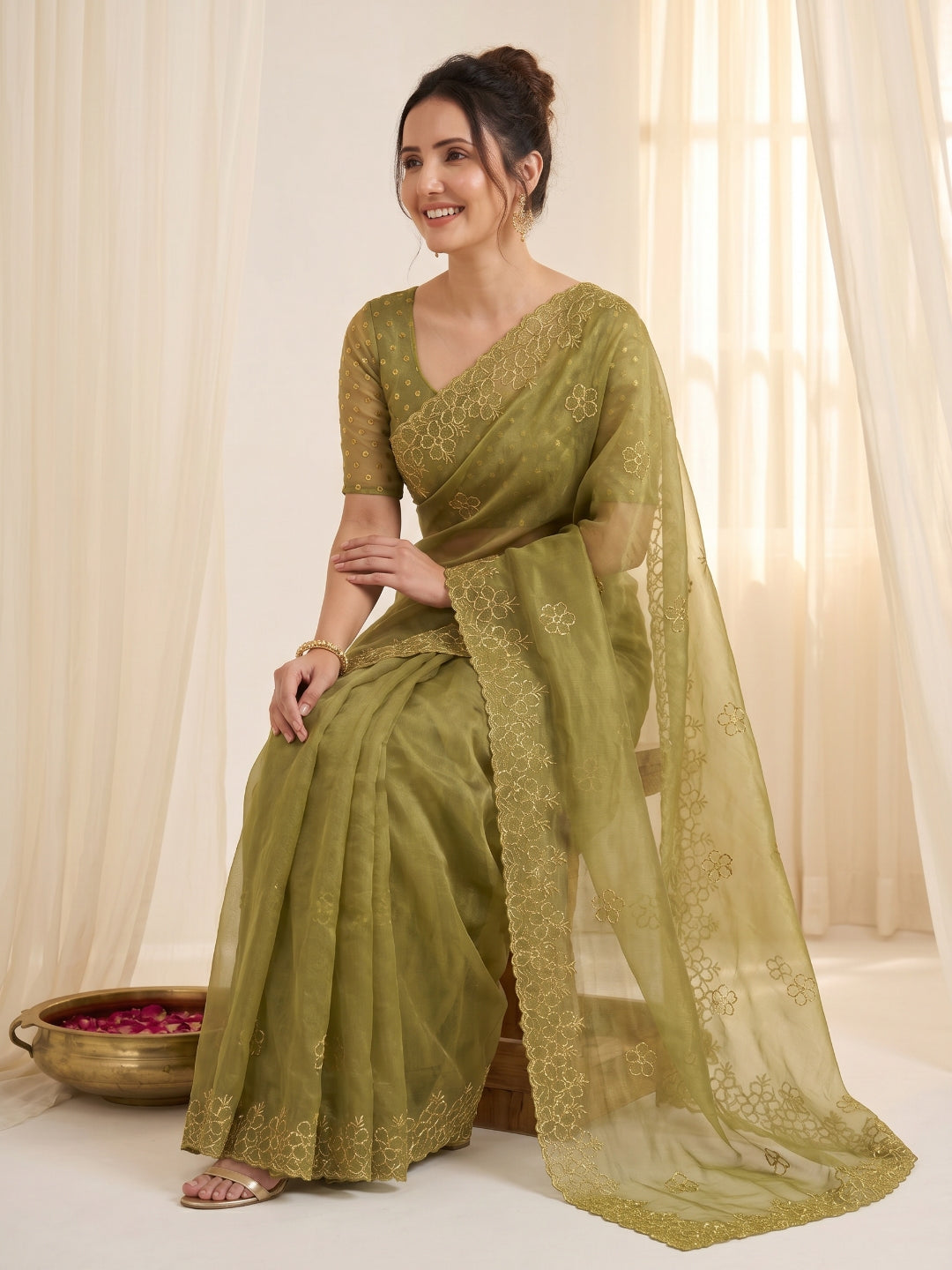 Mehendi Pure Organza Silk Saree Designer Party Wear Saree With Sequins Work Cutwork Border Wedding Festive Saree