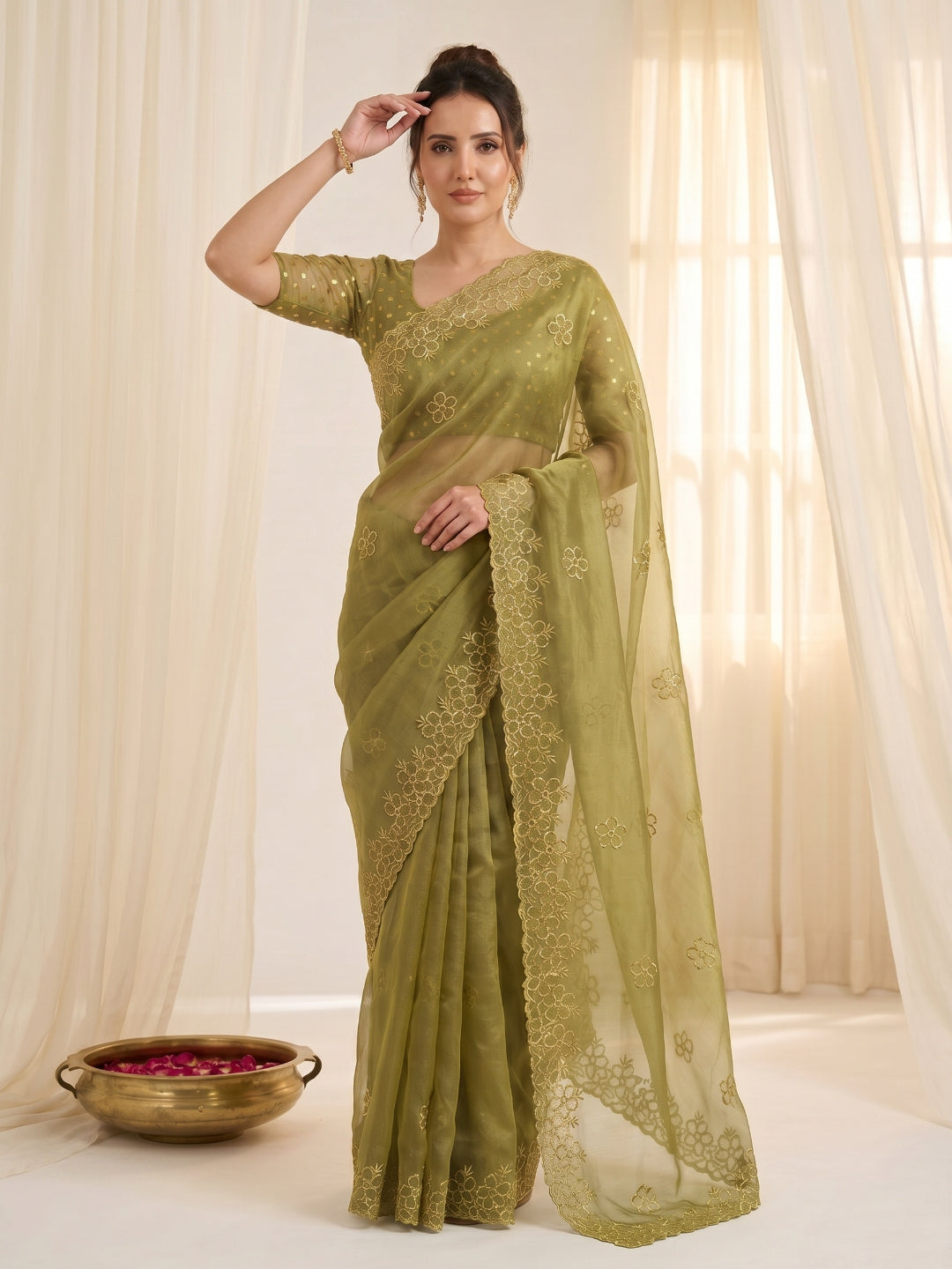 Mehendi Pure Organza Silk Saree Designer Party Wear Saree With Sequins Work Cutwork Border Wedding Festive Saree