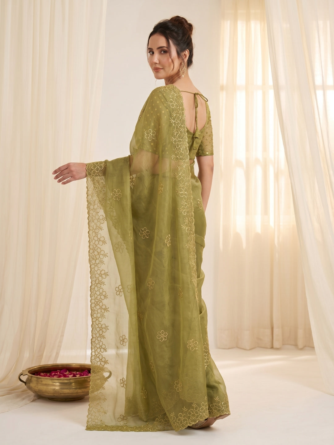 Mehendi Pure Organza Silk Saree Designer Party Wear Saree With Sequins Work Cutwork Border Wedding Festive Saree