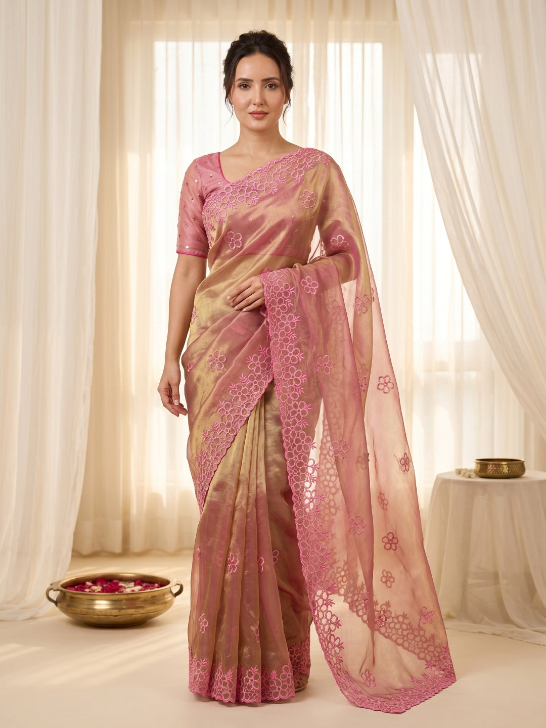 Pink Pure Organza Silk Saree Designer Party Wear Saree With Sequins Work Cutwork Border Wedding Festive Saree