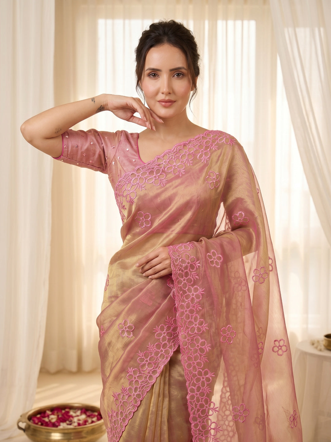 Pink Pure Organza Silk Saree Designer Party Wear Saree With Sequins Work Cutwork Border Wedding Festive Saree