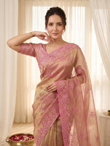 Pink Pure Organza Silk Saree Designer Party Wear Saree With Sequins Work Cutwork Border Wedding Festive Saree