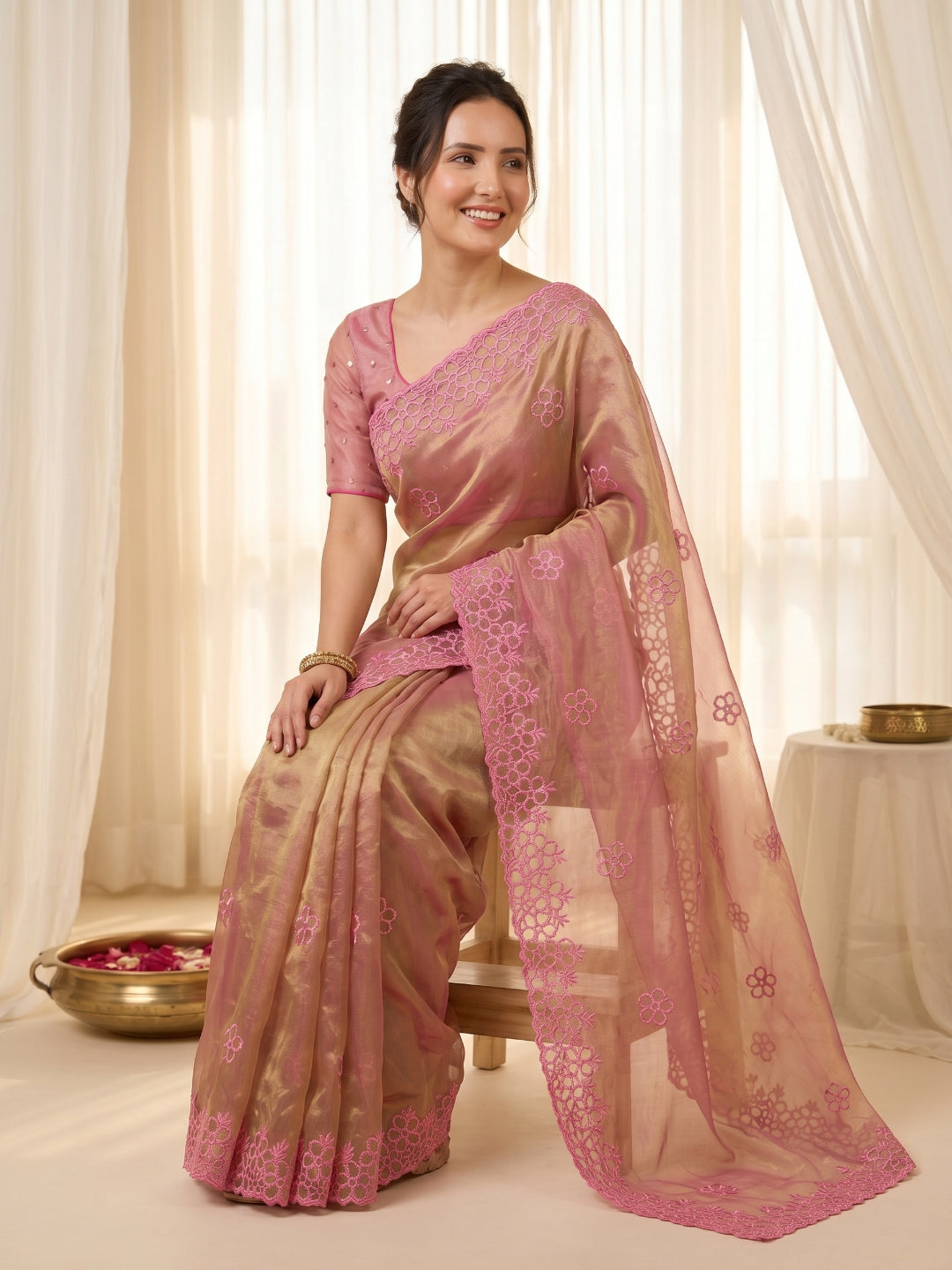 Pink Pure Organza Silk Saree Designer Party Wear Saree With Sequins Work Cutwork Border Wedding Festive Saree