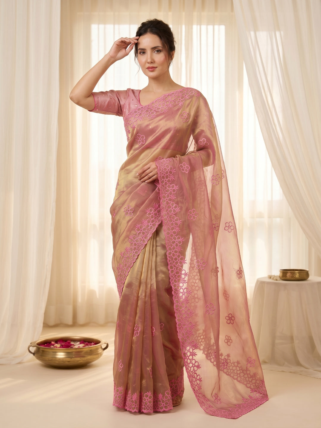 Pink Pure Organza Silk Saree Designer Party Wear Saree With Sequins Work Cutwork Border Wedding Festive Saree