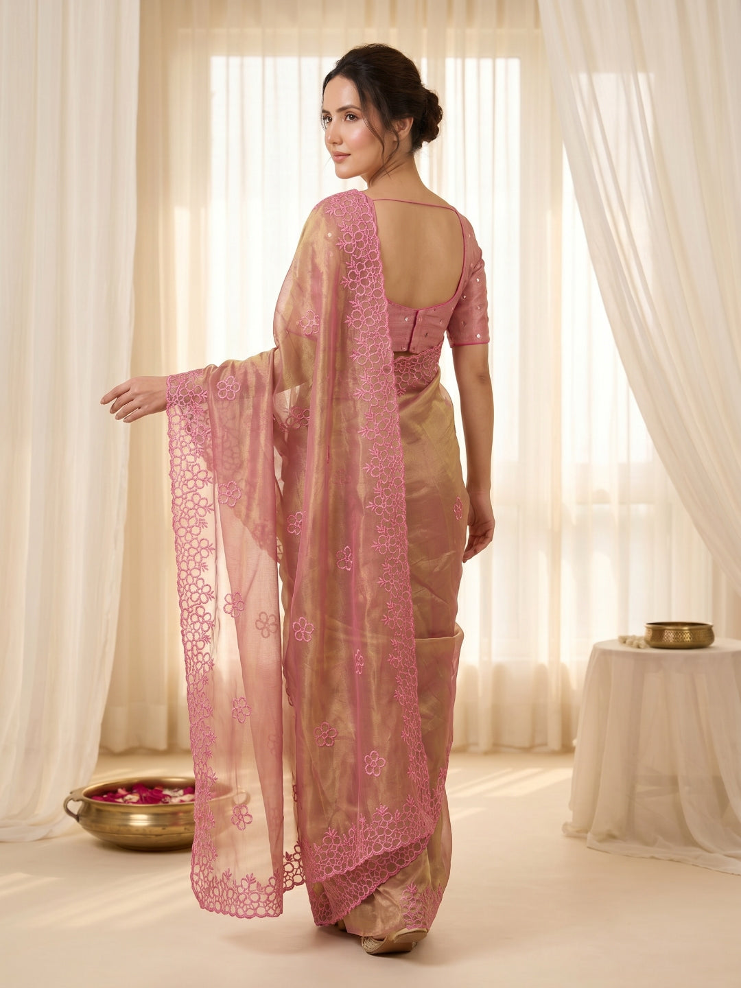 Pink Pure Organza Silk Saree Designer Party Wear Saree With Sequins Work Cutwork Border Wedding Festive Saree