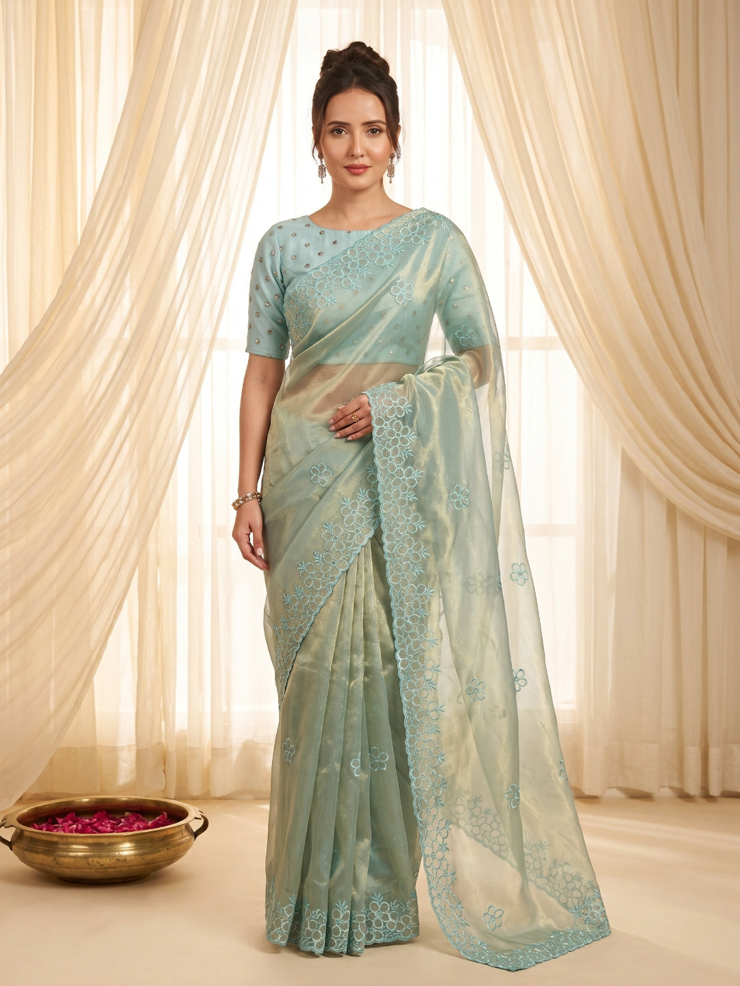 Sky Pure Organza Silk Saree Designer Party Wear Saree With Sequins Work Cutwork Border Wedding Festive Saree