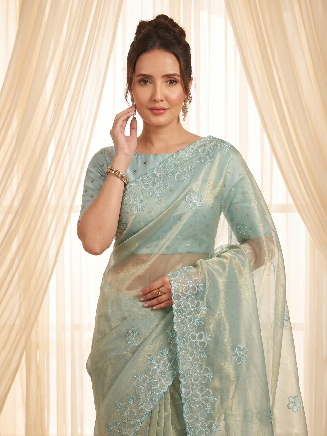 Sky Pure Organza Silk Saree Designer Party Wear Saree With Sequins Work Cutwork Border Wedding Festive Saree