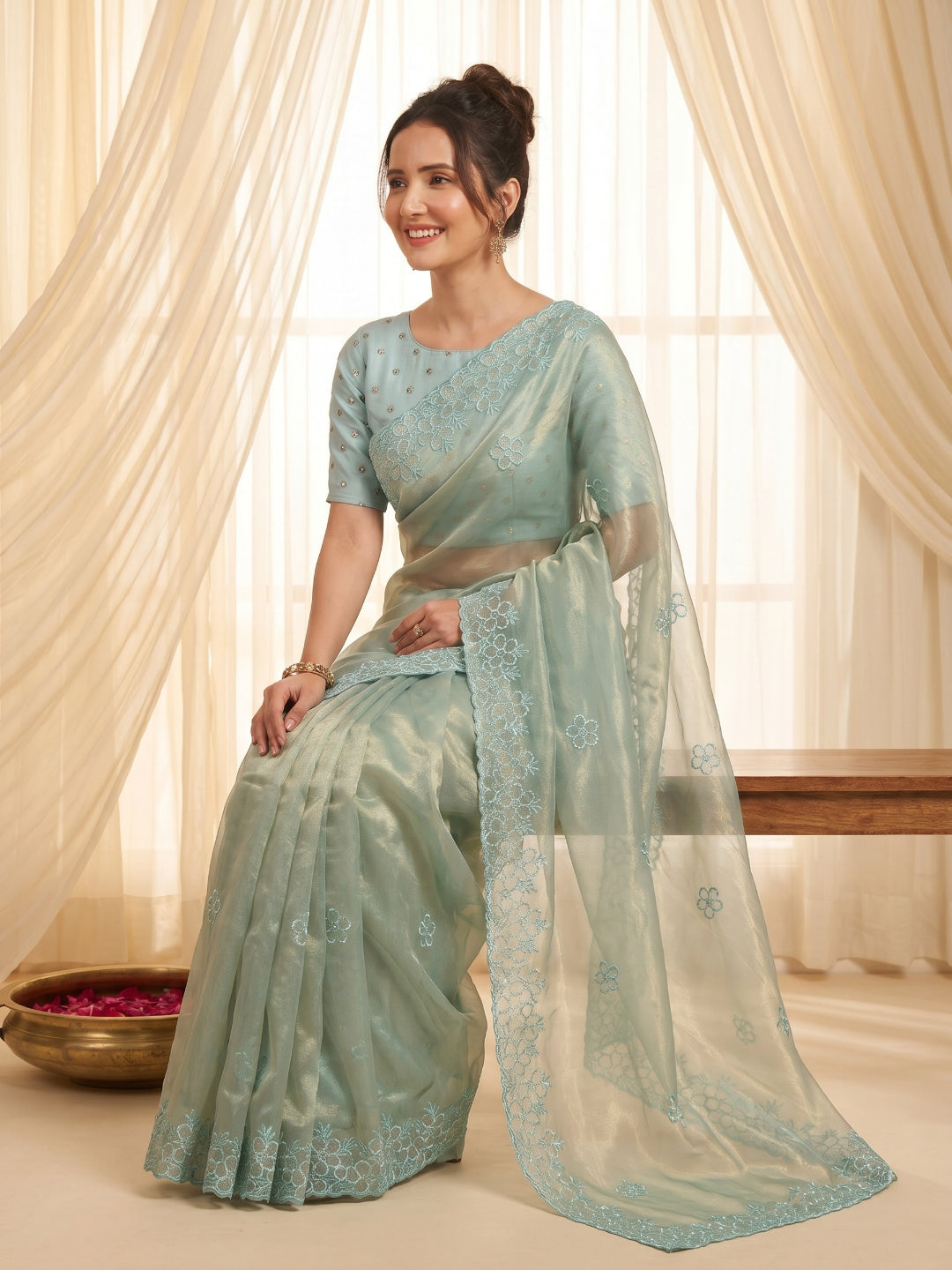 Sky Pure Organza Silk Saree Designer Party Wear Saree With Sequins Work Cutwork Border Wedding Festive Saree