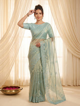 Sky Pure Organza Silk Saree Designer Party Wear Saree With Sequins Work Cutwork Border Wedding Festive Saree