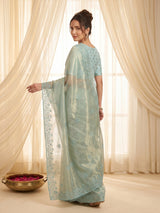 Sky Pure Organza Silk Saree Designer Party Wear Saree With Sequins Work Cutwork Border Wedding Festive Saree