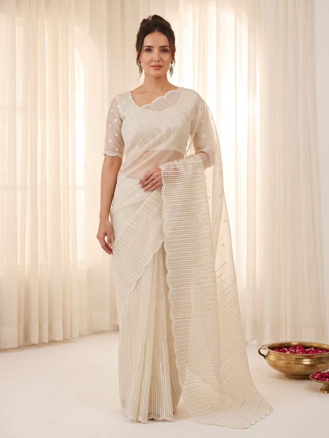 Cream Pure Organza Silk Crush Saree Designer Party Wear Saree With Multi Work Embroidered Cutwork Border Wedding Festive Saree