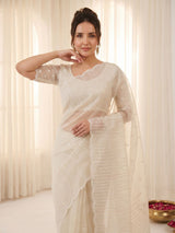 Cream Pure Organza Silk Crush Saree Designer Party Wear Saree With Multi Work Embroidered Cutwork Border Wedding Festive Saree