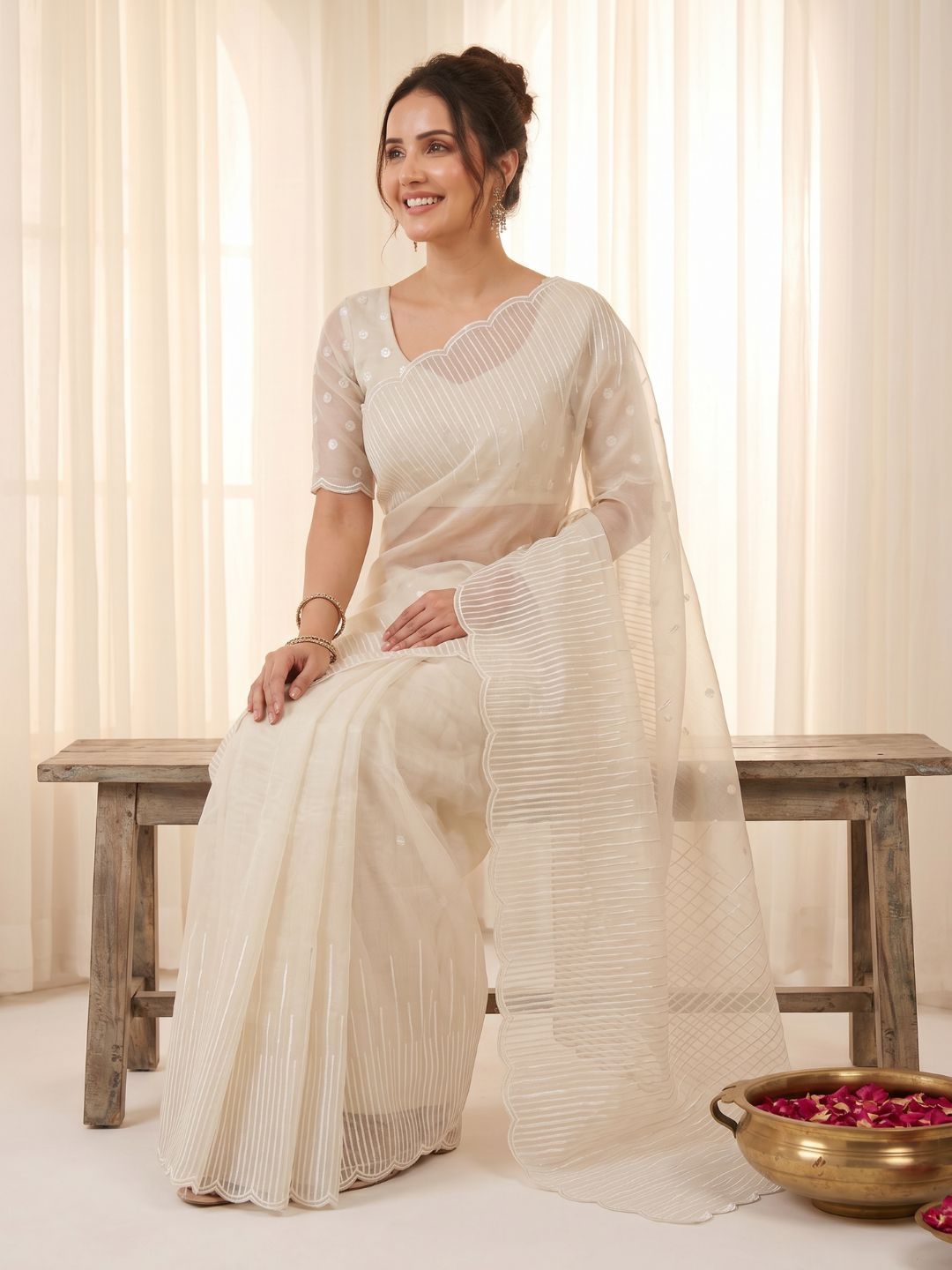 Cream Pure Organza Silk Crush Saree Designer Party Wear Saree With Multi Work Embroidered Cutwork Border Wedding Festive Saree